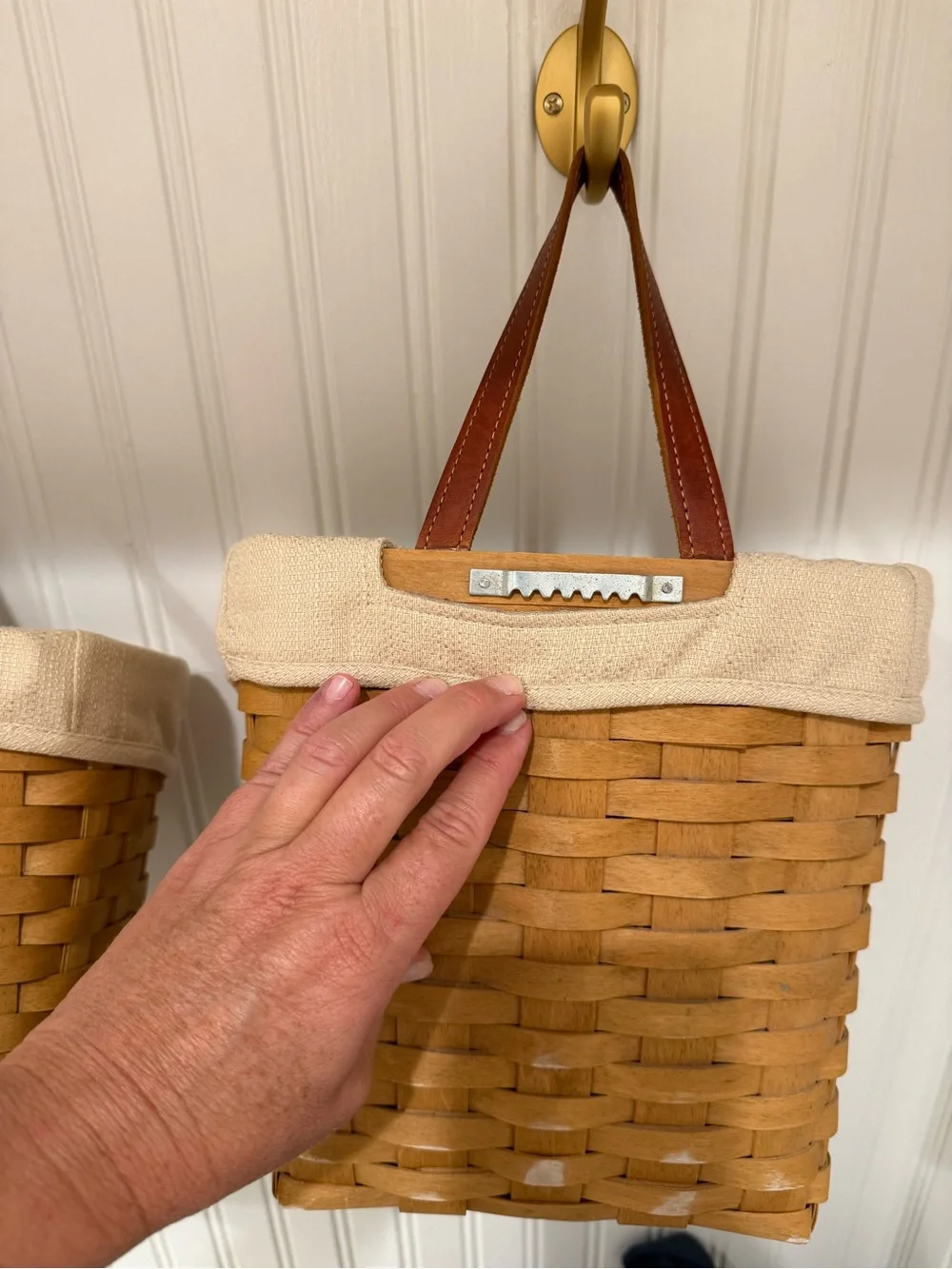 Longaberger Beige Woven Hanging Basket with Brown Strap